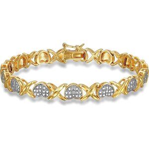 925 Silver 18K Yellow Gold-Plated Heart Tennis Bracelet & Pendant for Women